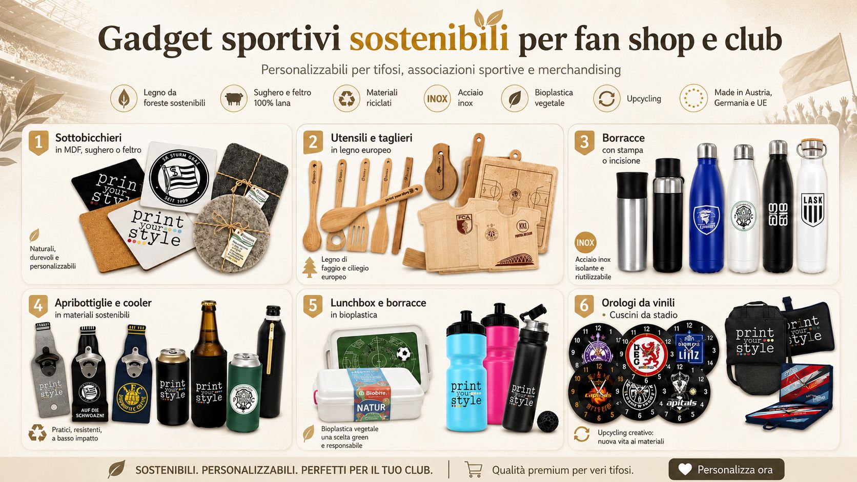 Gadget sportivi sostenibili personalizzati per club e fan shop