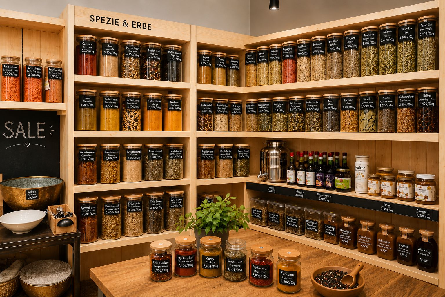 Spezie ed erbe in contenitori di vetro