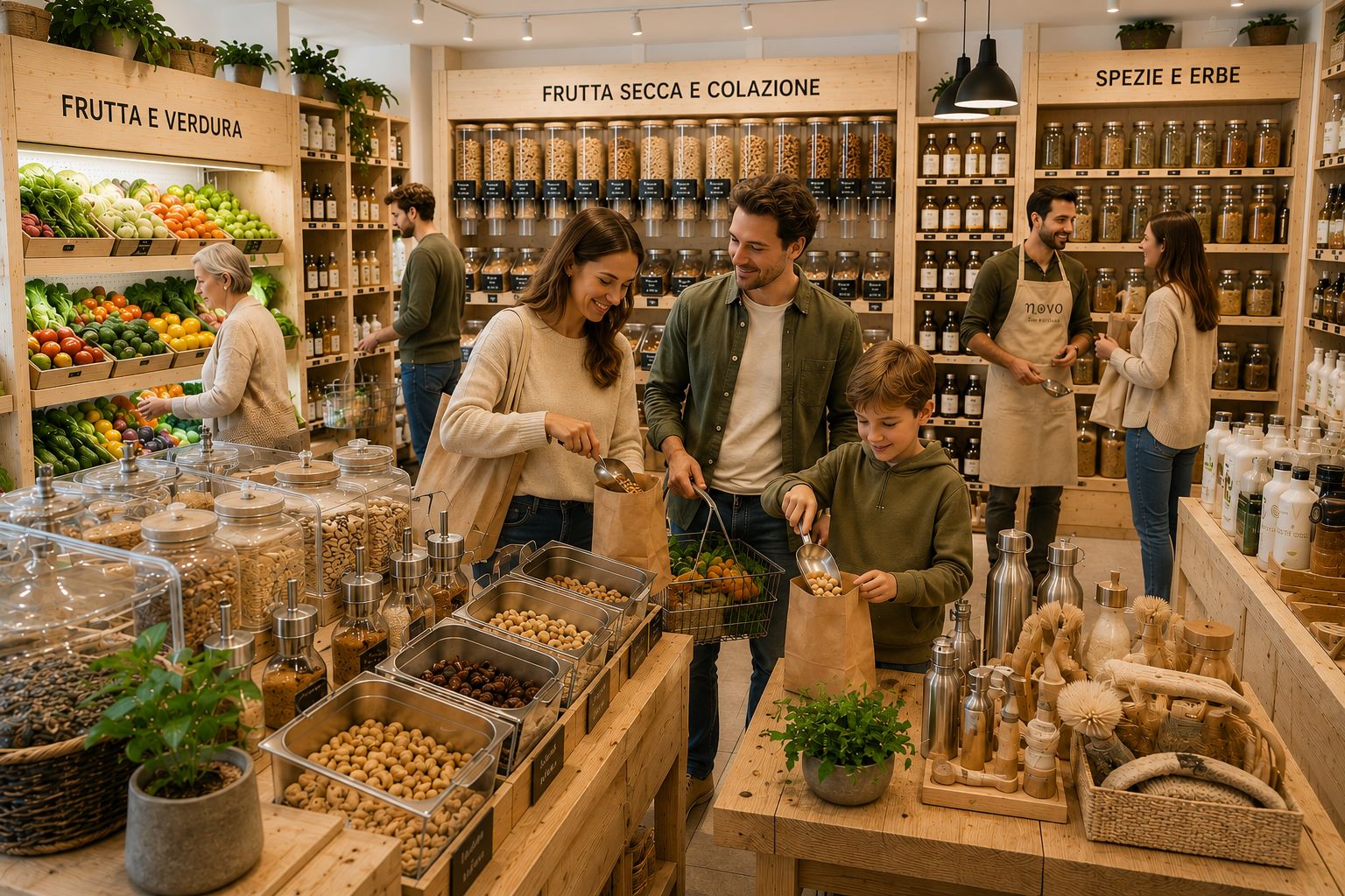 Famiglia durante la spesa settimanale in un negozio NOVO Bio & Sfuso